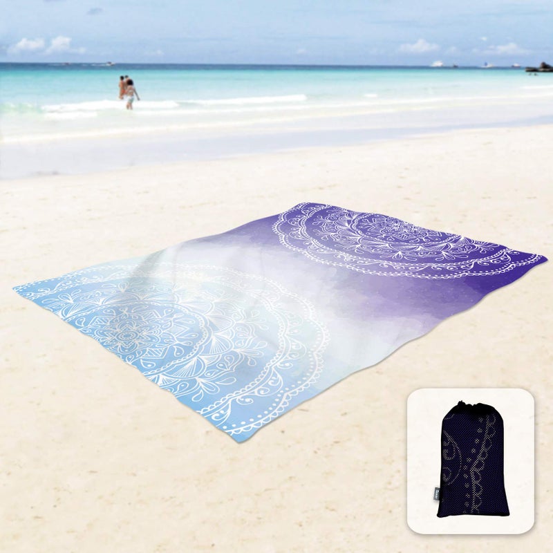 Sunlit Silky Soft 85"x72" Boho Sand Proof Beach Blanket Sand Proof Mat with Corner Pockets and Mesh Bag for Beach Party, Travel, Camping and Outdoor Music Festival, Blue Purple Mandala - Image 1